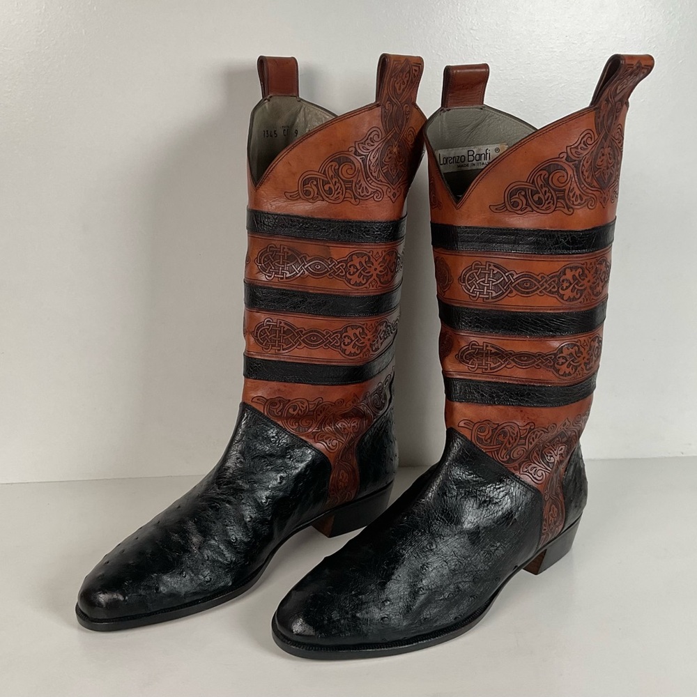 Vintage Lorenzo Banfi Ostrich Quill Bucket Boots | Tooled | Exotic | Men’s 9 M